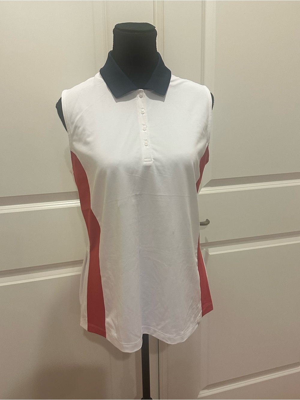 Lady Hagen White Sleeveless Polo with Red Side Panels and Navy Collar